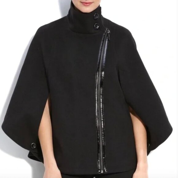 Via Spigia Black Asymmetrical Zip Front Funnel Neck Cape Coat Jacket - Picture 1 of 3